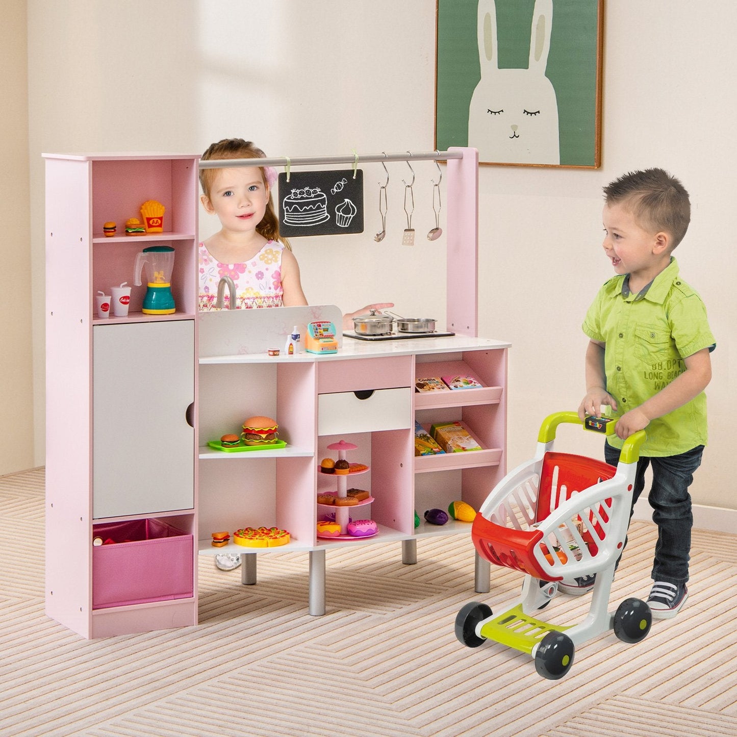 2-in-1 Double-sided Kids Kitchen and Market with Realistic Light and Sound, Pink Play Kitchen Sets   at Gallery Canada