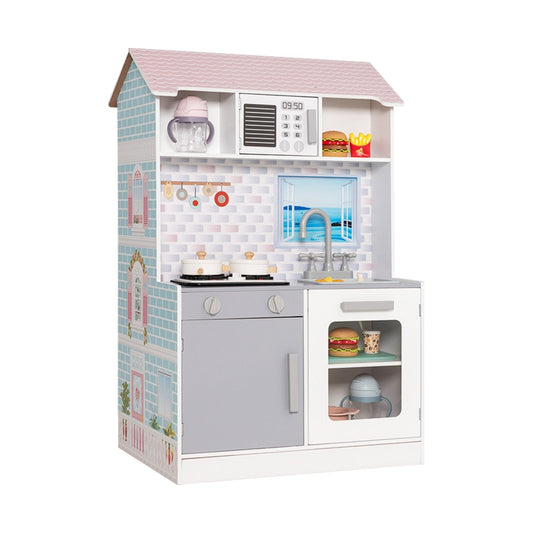 2-In-1 Double Sided Kids Kitchen Playset and Dollhouse with Furniture, Pink Play Tents & Playhouse   at Gallery Canada