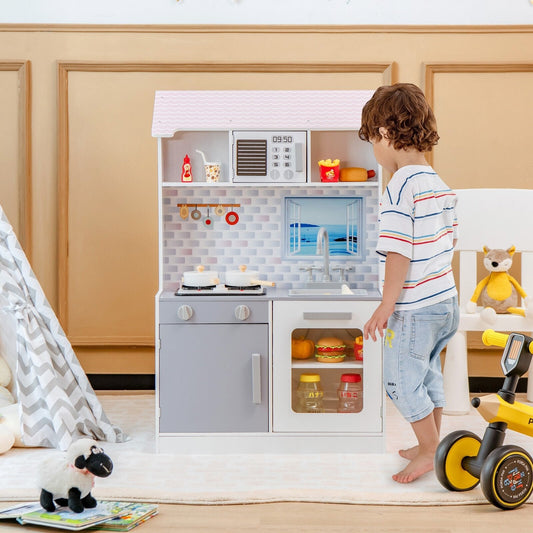 2-In-1 Double Sided Kids Kitchen Playset and Dollhouse with Furniture, Pink Play Tents & Playhouse   at Gallery Canada