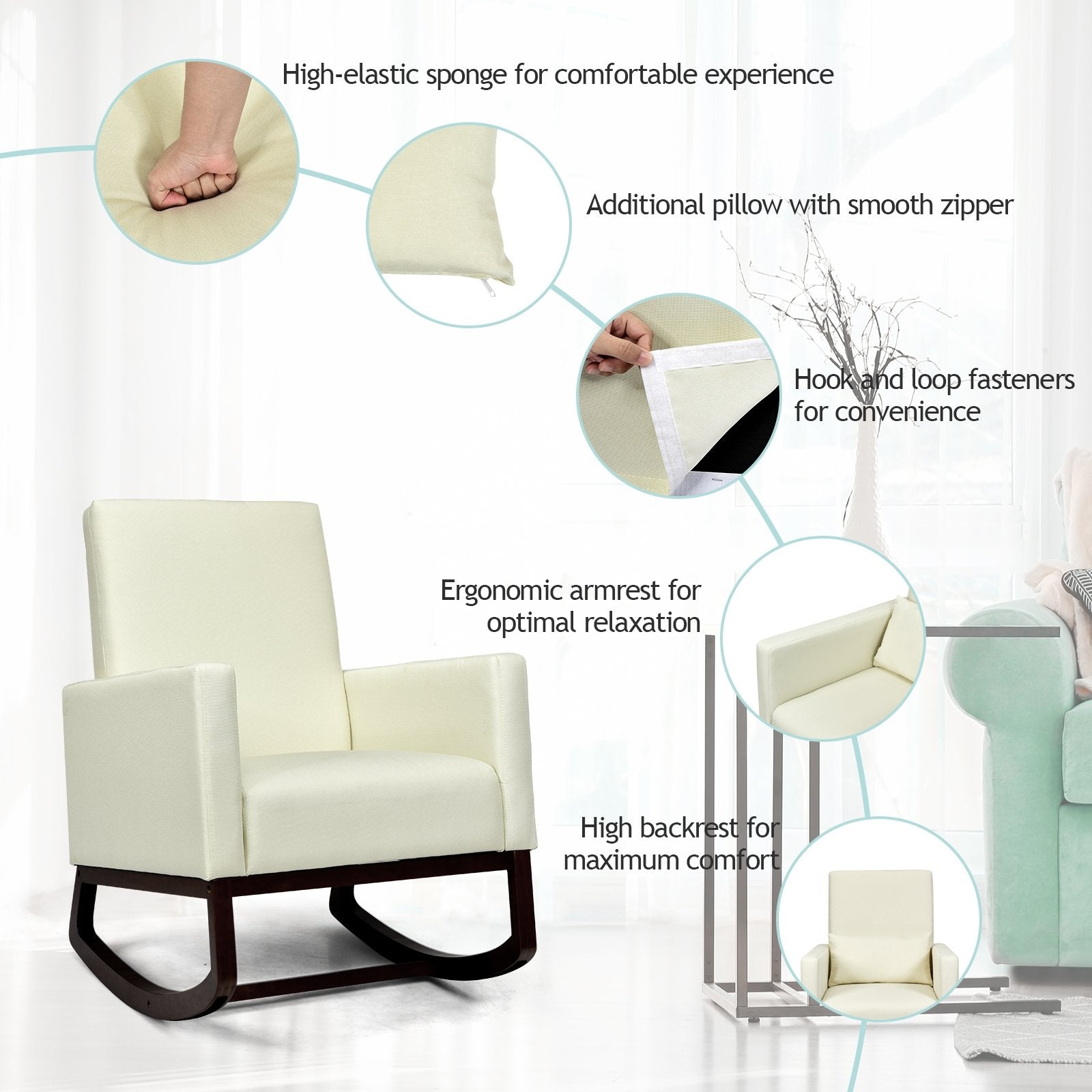 2-in-1 Fabric Upholstered Rocking Chair with Pillow, Beige Accent Chairs   at Gallery Canada