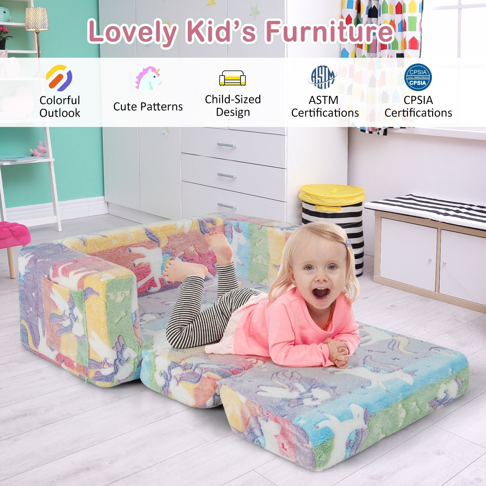 2-in-1 Flip Out Kids Sofa Chair with Detachable Flannel Fabric Cover and Glowing Patterns, Color Kids Chairs & Seating   at Gallery Canada