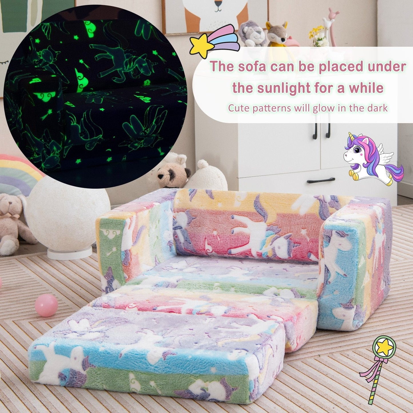 2-in-1 Flip Out Kids Sofa Chair with Detachable Flannel Fabric Cover and Glowing Patterns, Color Kids Chairs & Seating   at Gallery Canada