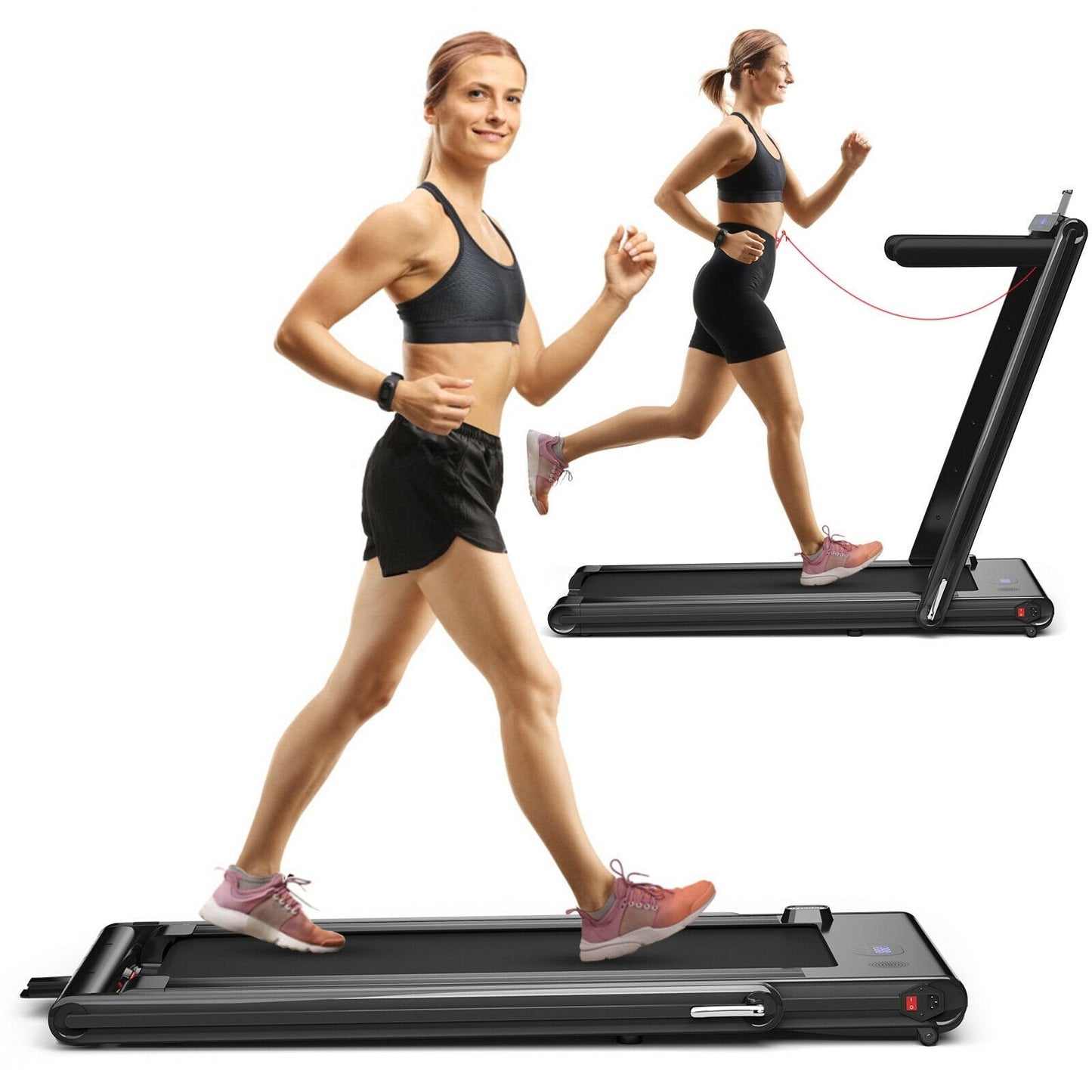 2-in-1 Folding Treadmill 2.25HP Jogging Machine with Dual LED Display, Black Treadmills   at Gallery Canada