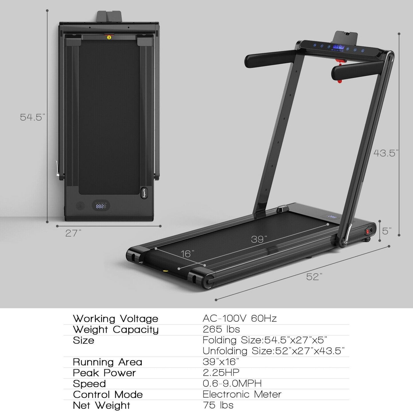 2-in-1 Folding Treadmill 2.25HP Jogging Machine with Dual LED Display, Black Treadmills   at Gallery Canada