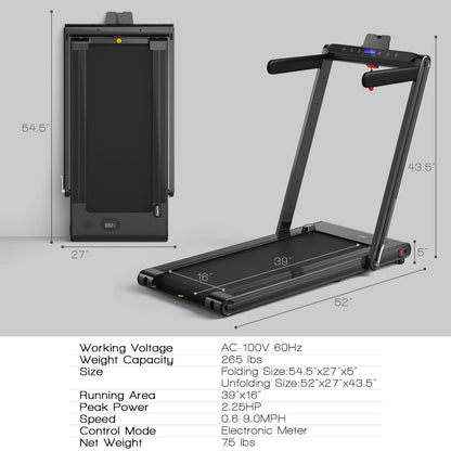 2-in-1 Folding Treadmill 2.25HP Jogging Machine with Dual LED Display, Black Treadmills   at Gallery Canada