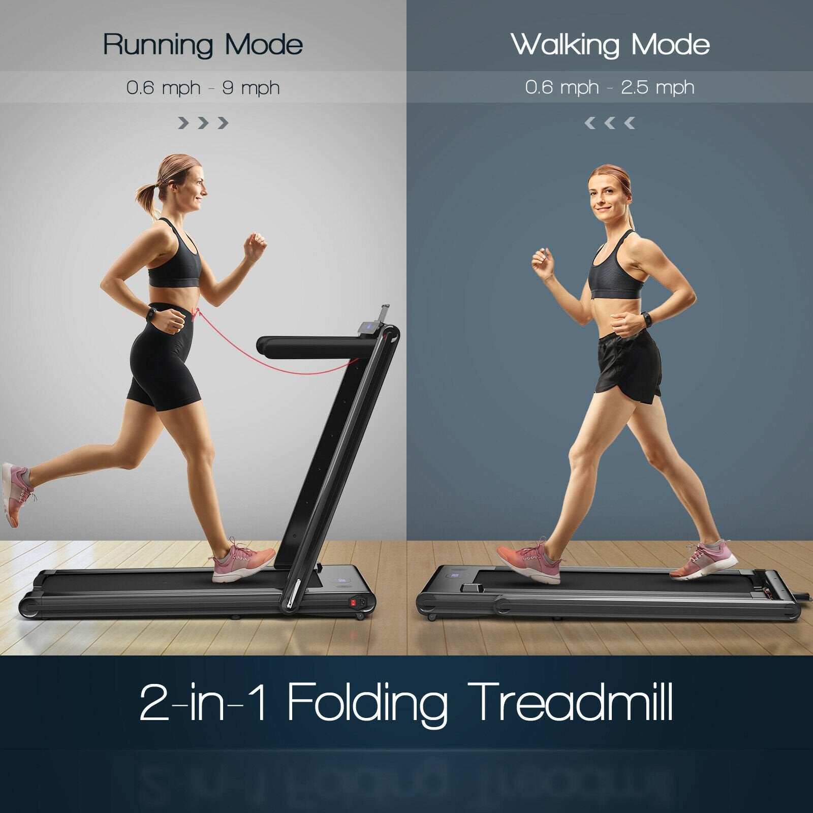 2-in-1 Folding Treadmill 2.25HP Jogging Machine with Dual LED Display, Black Treadmills   at Gallery Canada