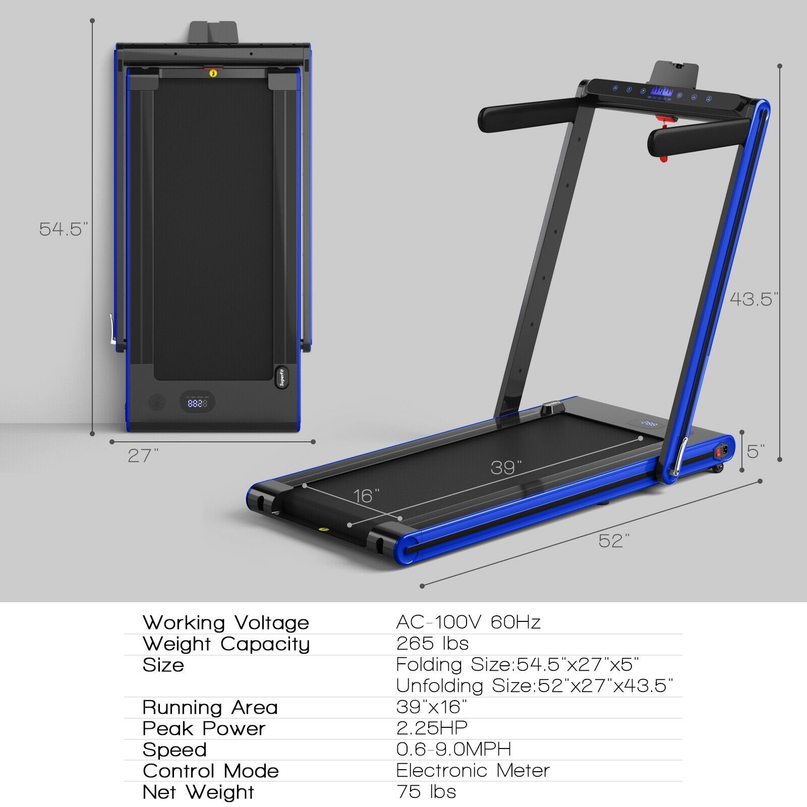 2-in-1 Folding Treadmill 2.25HP Jogging Machine with Dual LED Display, Navy Treadmills   at Gallery Canada