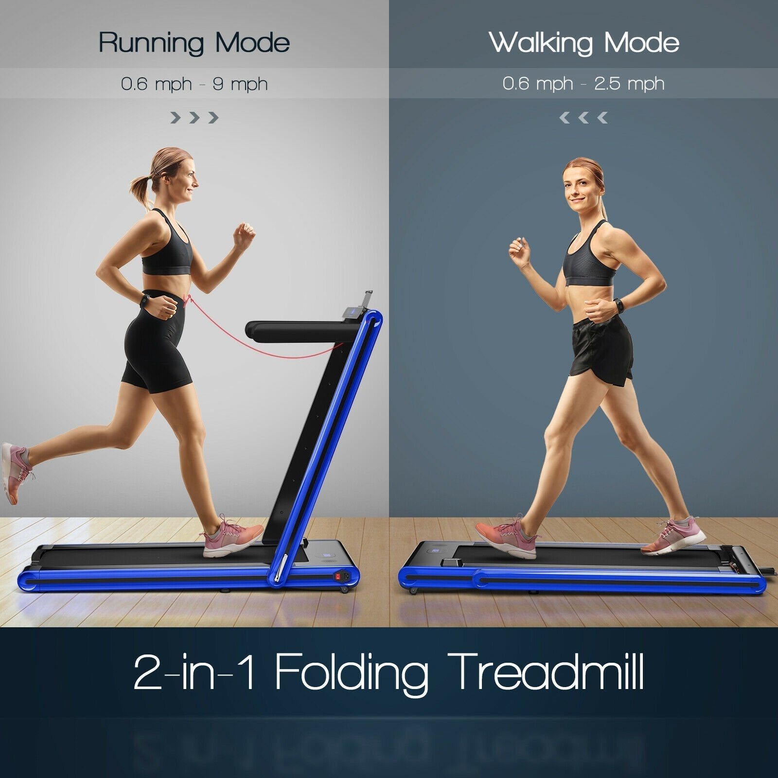 2-in-1 Folding Treadmill 2.25HP Jogging Machine with Dual LED Display, Navy Treadmills   at Gallery Canada