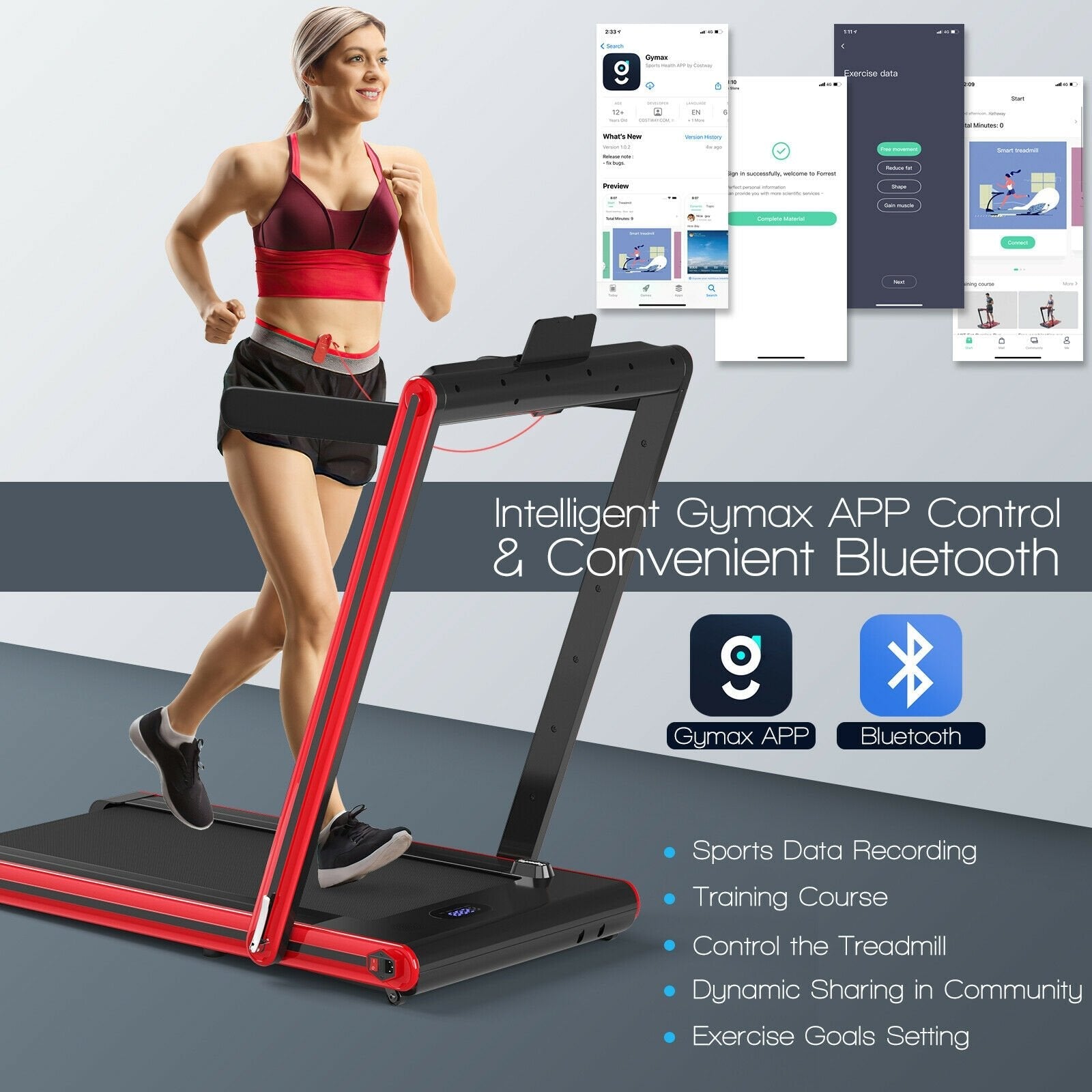 2-in-1 Folding Treadmill 2.25HP Jogging Machine with Dual LED Display, Red Treadmills   at Gallery Canada