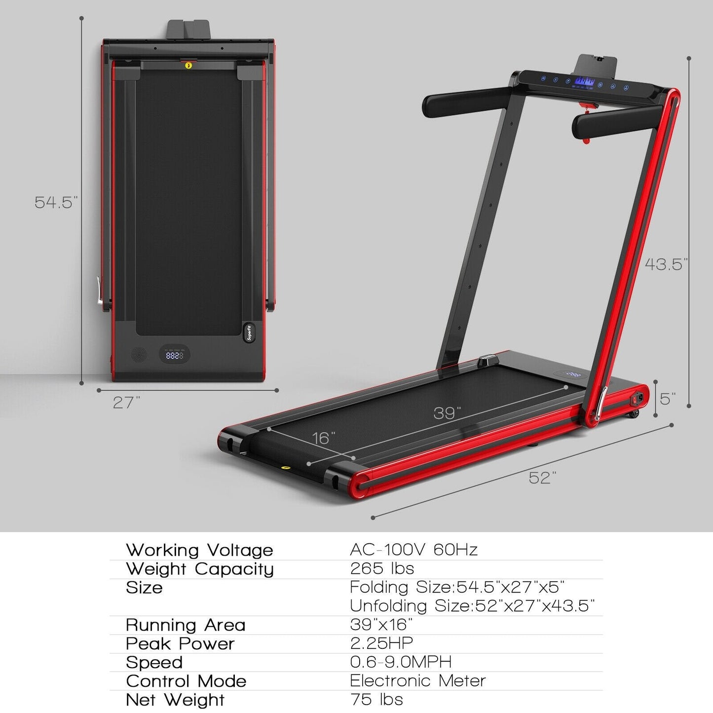 2-in-1 Folding Treadmill 2.25HP Jogging Machine with Dual LED Display, Red Treadmills   at Gallery Canada