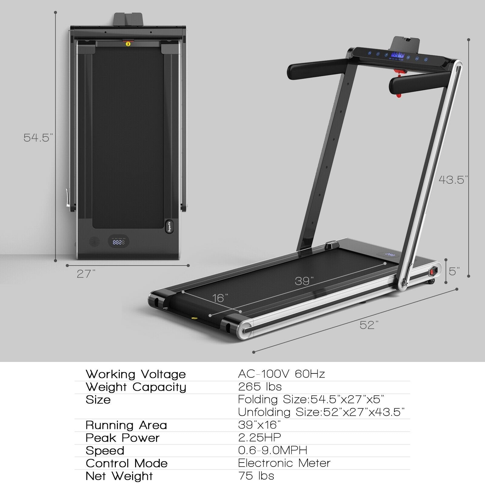 2-in-1 Folding Treadmill 2.25HP Jogging Machine with Dual LED Display, Silver Treadmills   at Gallery Canada