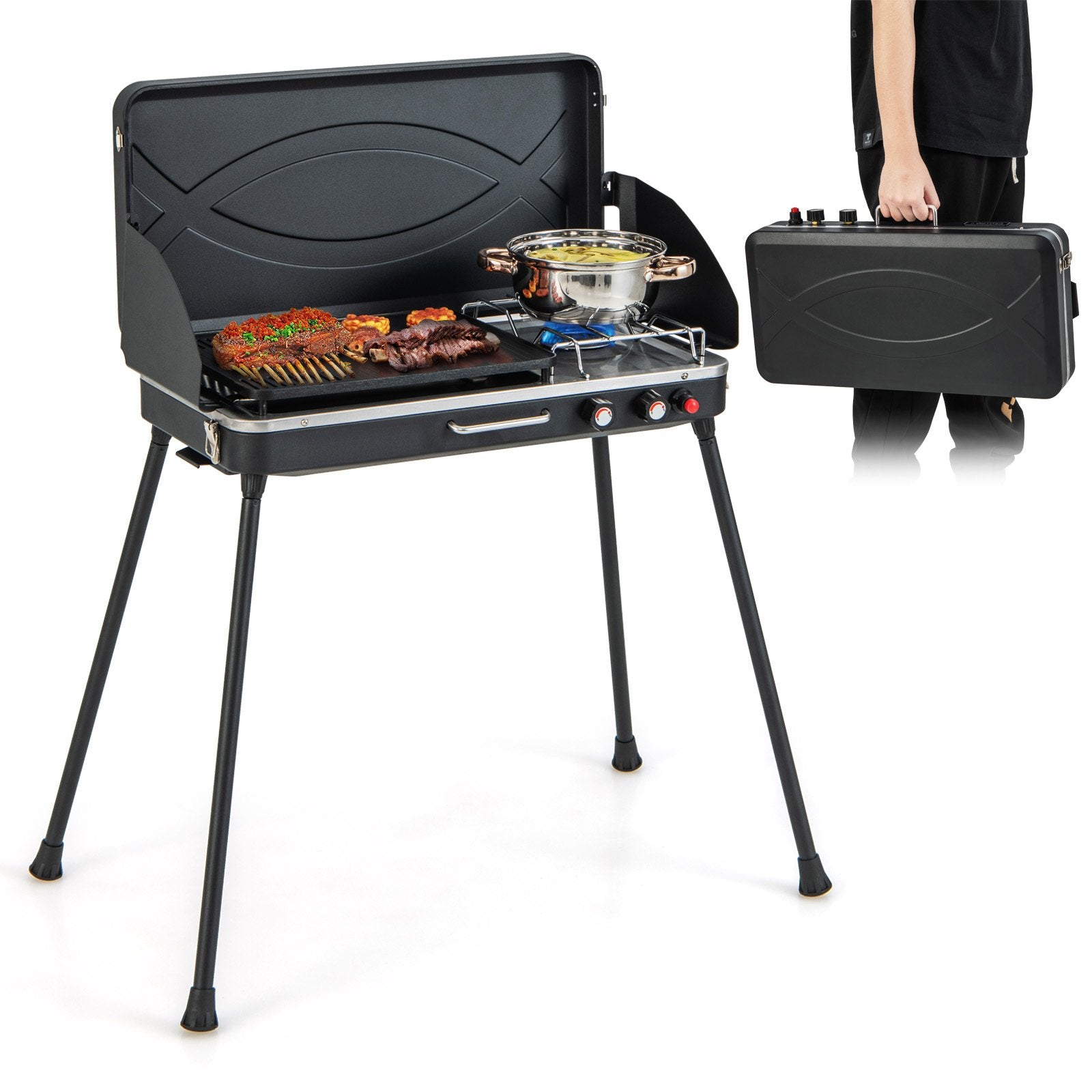 2-in-1 Gas Camping Grill and Stove with Detachable Legs, Black Outdoor Grills   at Gallery Canada