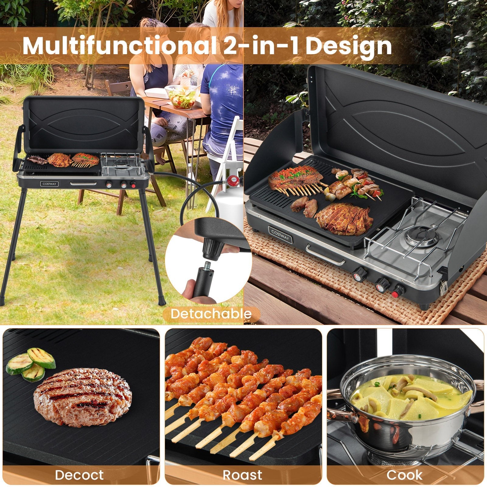 2-in-1 Gas Camping Grill and Stove with Detachable Legs, Black Outdoor Grills   at Gallery Canada