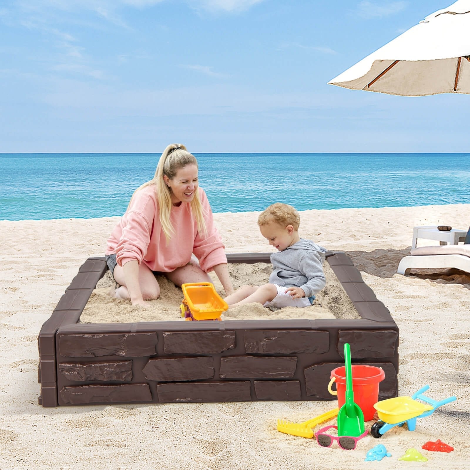 2-In-1 HDPE Kids Sandbox with Cover and Bottom Liner, Brown Sandboxes   at Gallery Canada