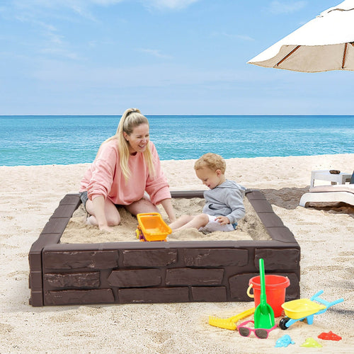 2-In-1 HDPE Kids Sandbox with Cover and Bottom Liner, Brown