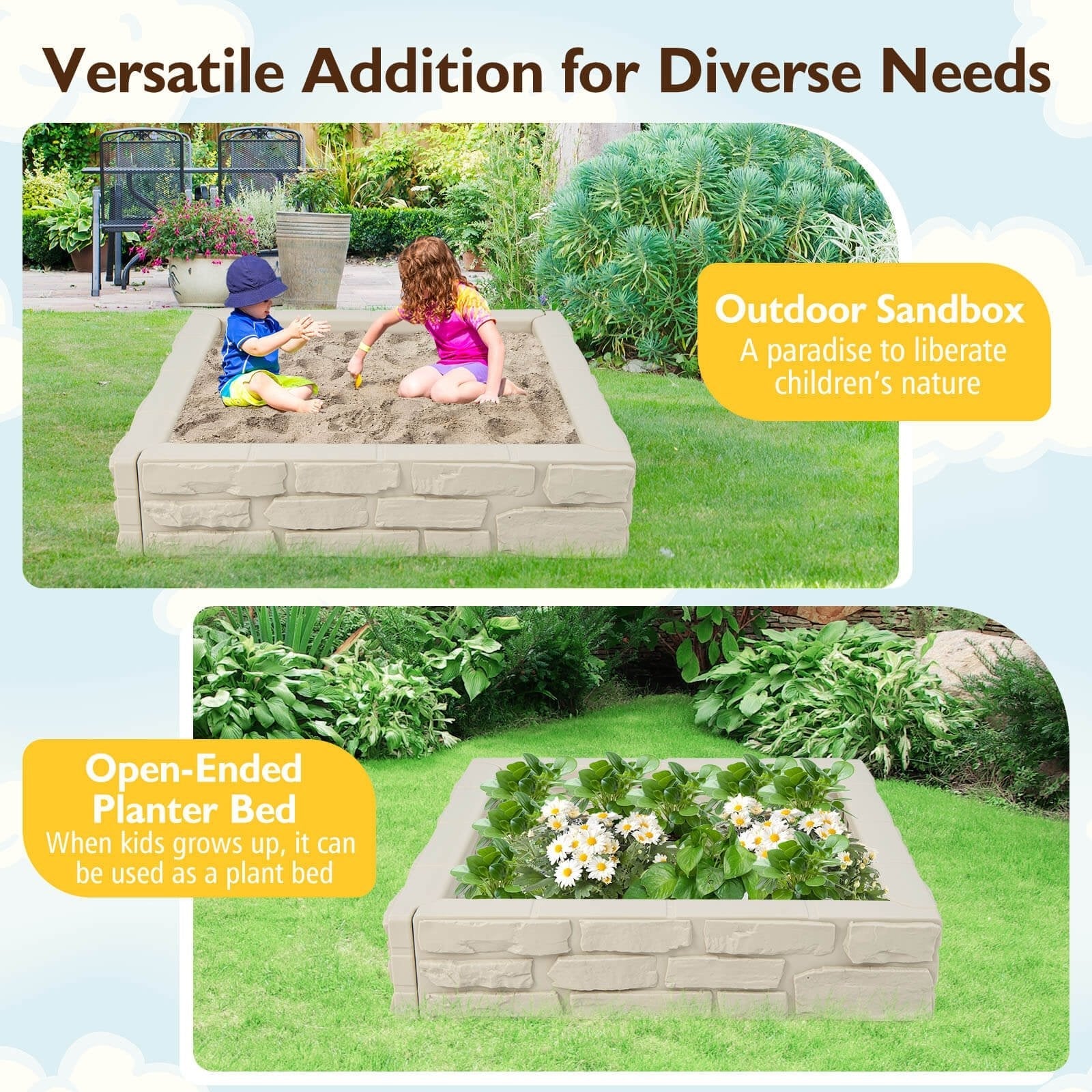 2-In-1 HDPE Kids Sandbox with Cover and Bottom Liner, White Sandboxes   at Gallery Canada