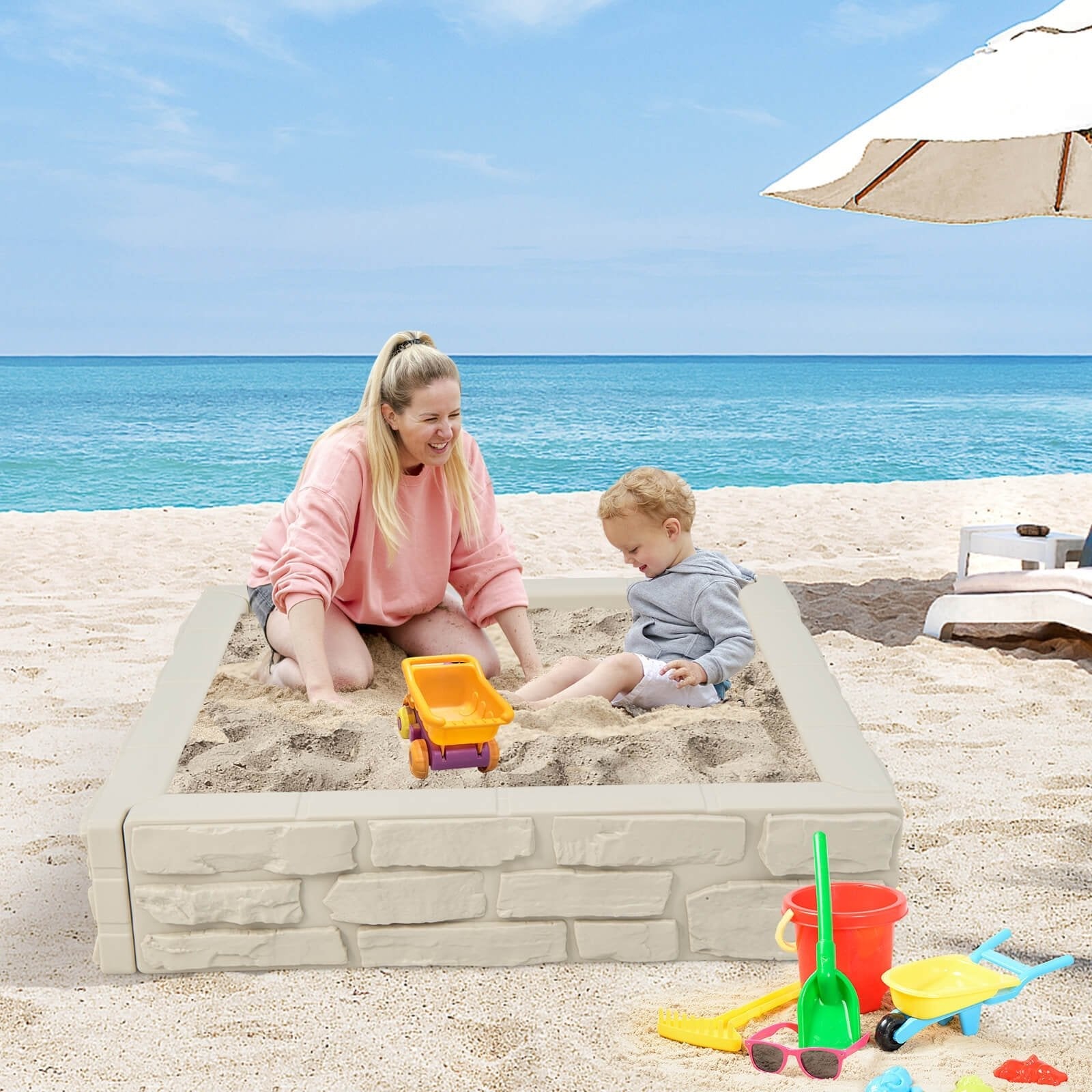 2-In-1 HDPE Kids Sandbox with Cover and Bottom Liner, White Sandboxes   at Gallery Canada