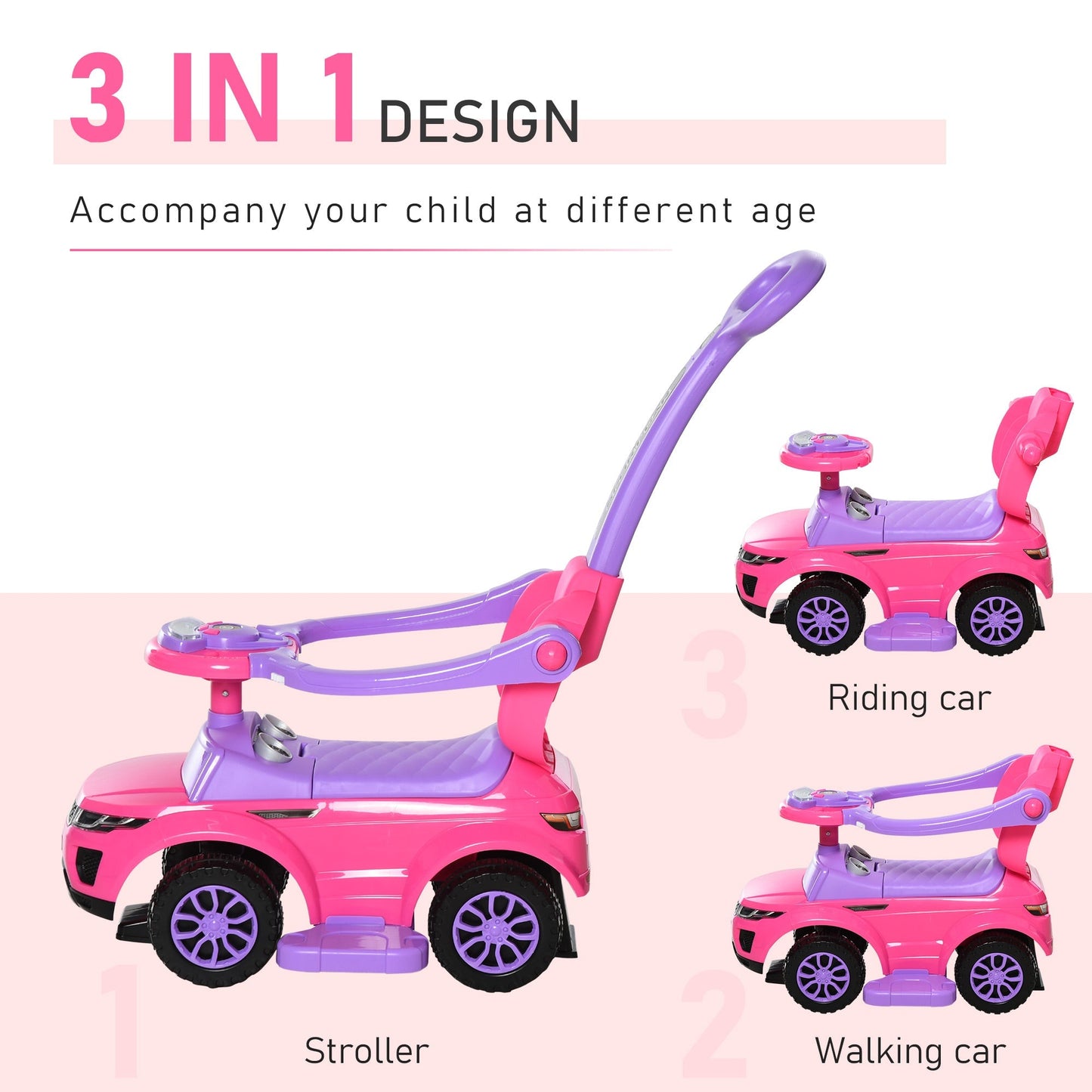 Toddler Ride-On Push Car Stroller with Horn, Music, Lights, Secure Bar - Pink Push Cars for Toddlers   at Gallery Canada