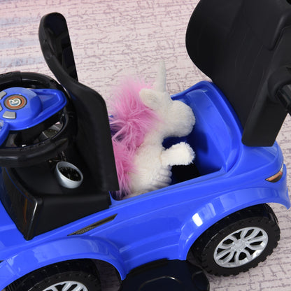 Kid's 2-in-1 Ride-On Push Car Stroller with Horn, Music, Lights, Secure Bar - Blue Push Cars for Toddlers   at Gallery Canada