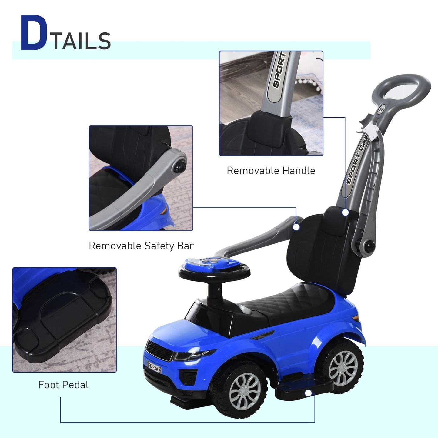 Kid's 2-in-1 Ride-On Push Car Stroller with Horn, Music, Lights, Secure Bar - Blue Push Cars for Toddlers   at Gallery Canada