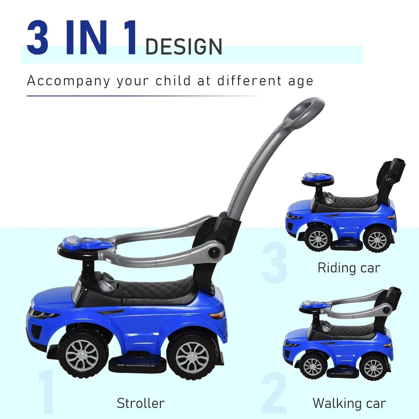 Kid's 2-in-1 Ride-On Push Car Stroller with Horn, Music, Lights, Secure Bar - Blue Push Cars for Toddlers   at Gallery Canada