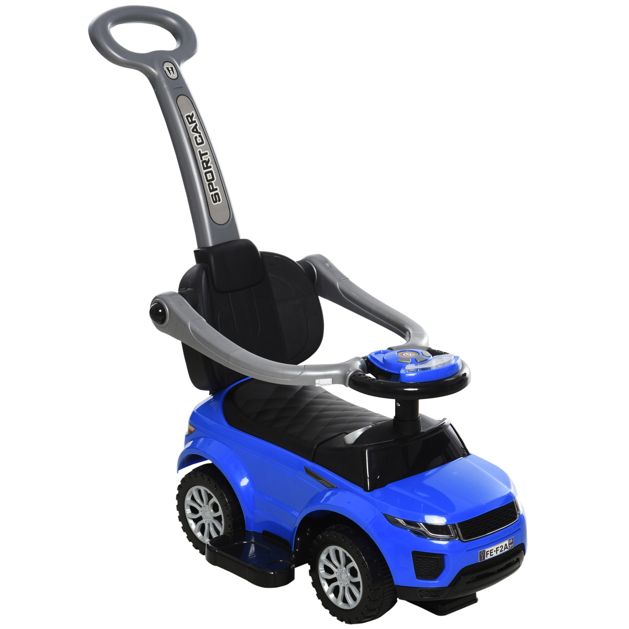 Kid's 2-in-1 Ride-On Push Car Stroller with Horn, Music, Lights, Secure Bar - Blue Push Cars for Toddlers Blue and Black  at Gallery Canada