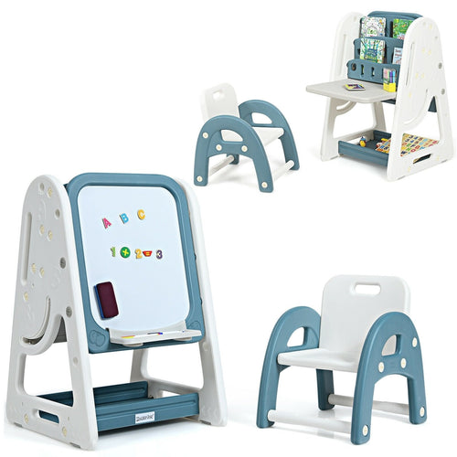 2-in-1 Kids Easel Desk Chair Set Book Rack Adjustable Art Painting Board, Blue