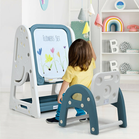 2-in-1 Kids Easel Desk Chair Set Book Rack Adjustable Art Painting Board, Blue Art Easels   at Gallery Canada