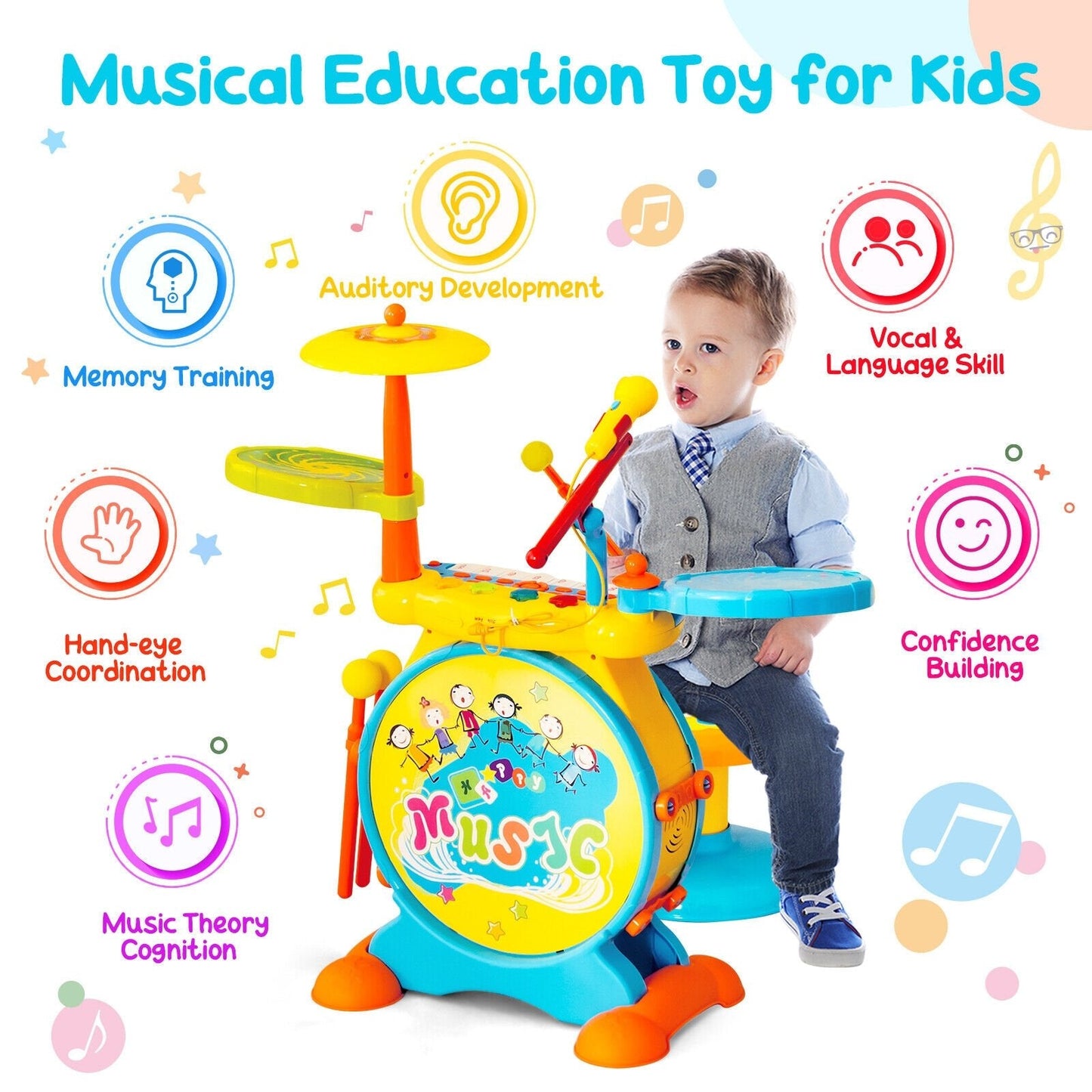 2-in-1 Kids Electronic Drum and Keyboard Set with Stool, Blue Musical Toys   at Gallery Canada