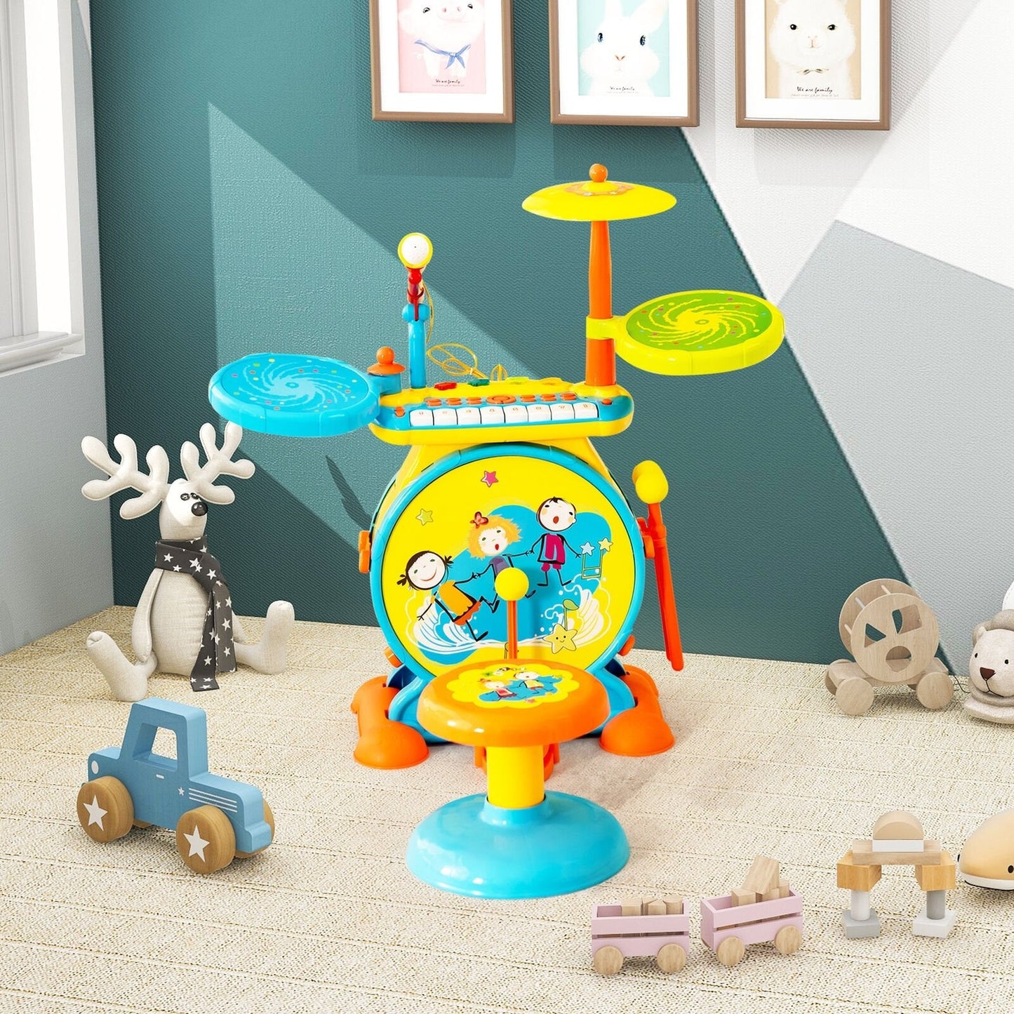 2-in-1 Kids Electronic Drum and Keyboard Set with Stool, Blue Musical Toys   at Gallery Canada