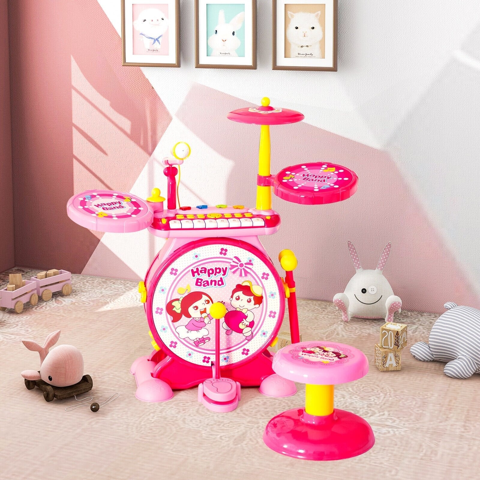 2-in-1 Kids Electronic Drum and Keyboard Set with Stool, Pink Musical Toys   at Gallery Canada