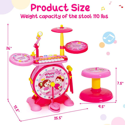 2-in-1 Kids Electronic Drum and Keyboard Set with Stool, Pink Musical Toys   at Gallery Canada