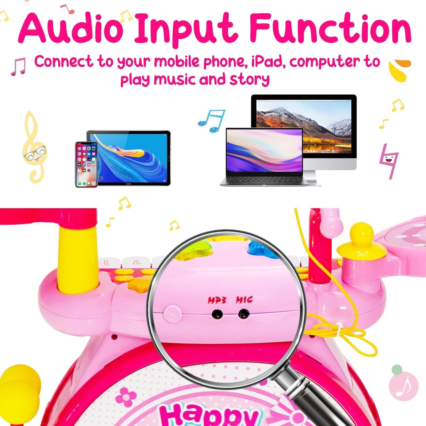 2-in-1 Kids Electronic Drum and Keyboard Set with Stool, Pink Musical Toys   at Gallery Canada