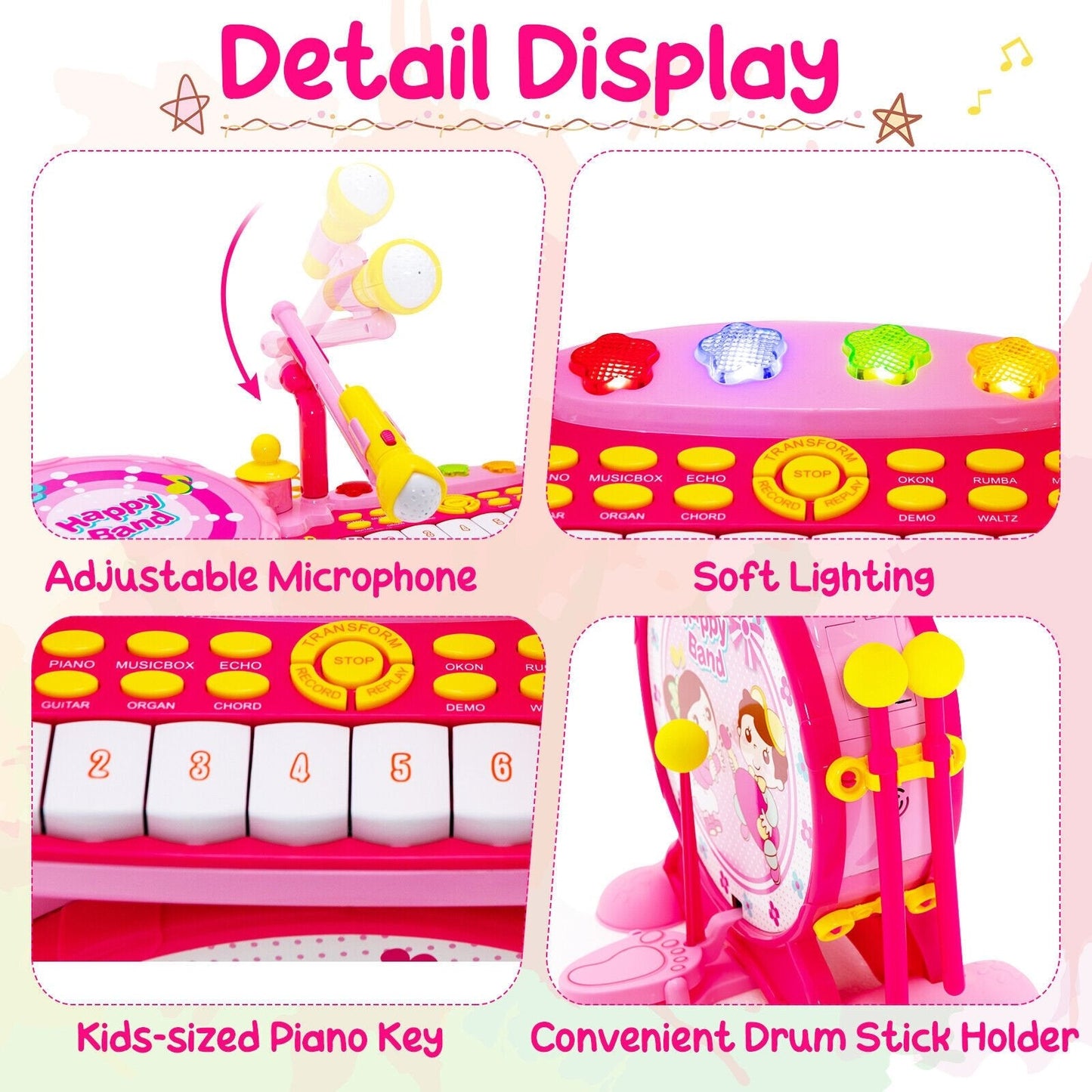 2-in-1 Kids Electronic Drum and Keyboard Set with Stool, Pink Musical Toys   at Gallery Canada