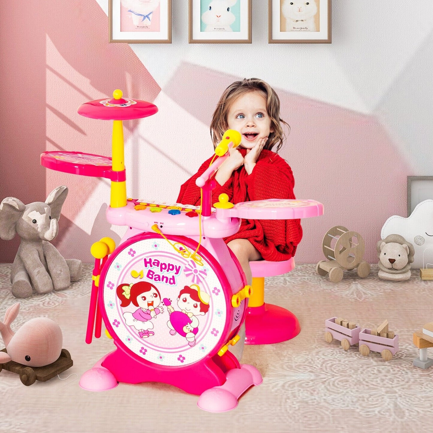 2-in-1 Kids Electronic Drum and Keyboard Set with Stool, Pink Musical Toys   at Gallery Canada