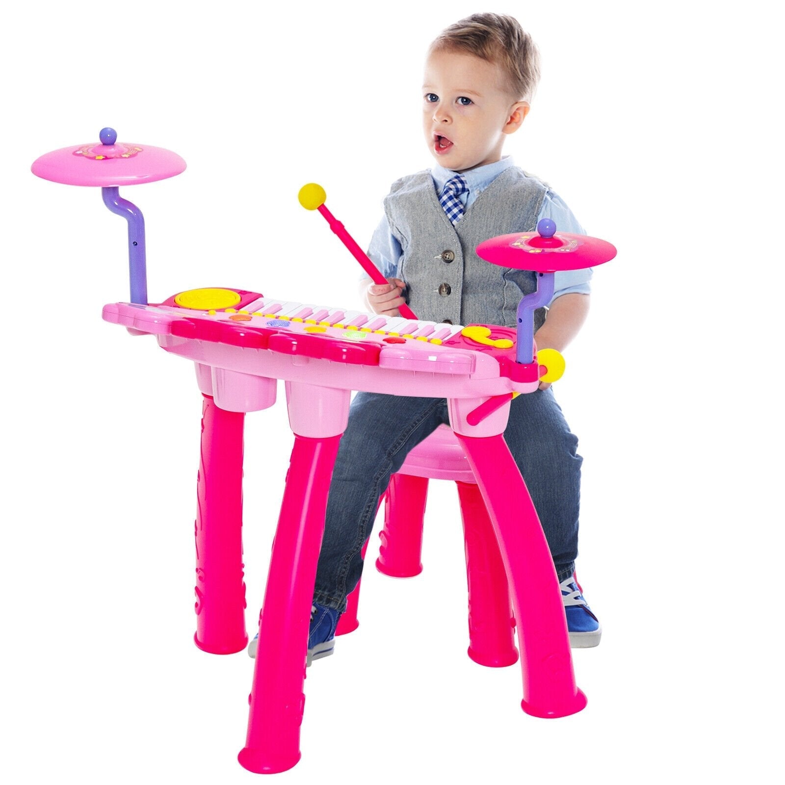 2-in-1 Kids Electronic Drum and Keyboard Set with Stool, Pink Musical Toys   at Gallery Canada