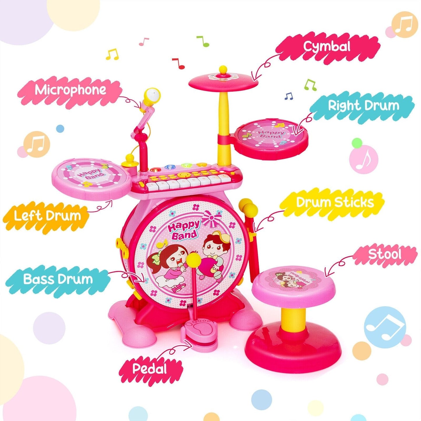 2-in-1 Kids Electronic Drum and Keyboard Set with Stool, Pink Musical Toys   at Gallery Canada