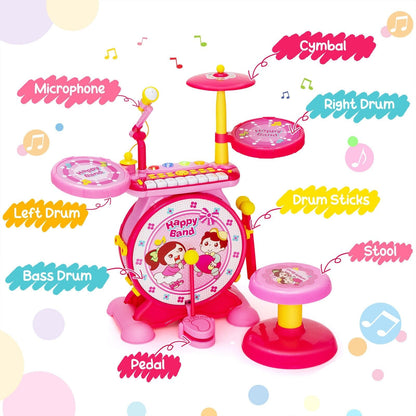 2-in-1 Kids Electronic Drum and Keyboard Set with Stool, Pink Musical Toys   at Gallery Canada