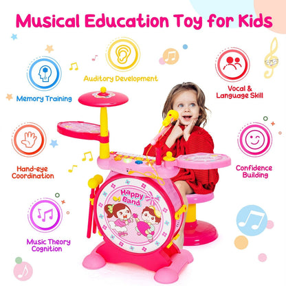 2-in-1 Kids Electronic Drum and Keyboard Set with Stool, Pink Musical Toys   at Gallery Canada