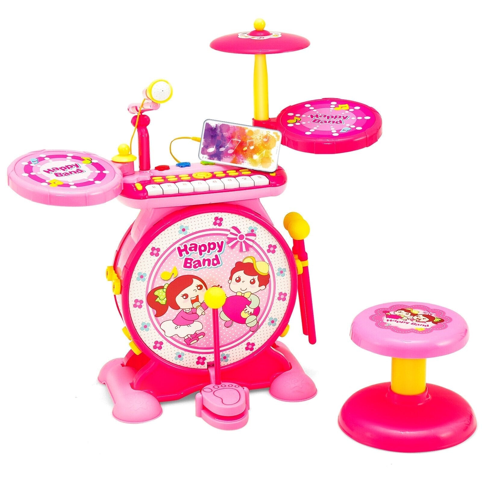 2-in-1 Kids Electronic Drum and Keyboard Set with Stool, Pink Musical Toys   at Gallery Canada