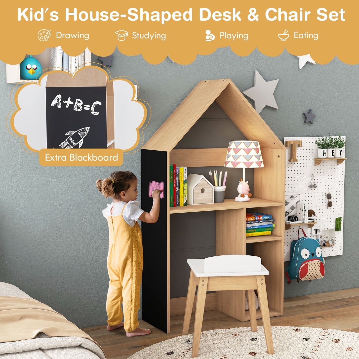 2-in-1 Kids House-Shaped Table and Chair Set, Gray Kids Table & Chair Sets   at Gallery Canada