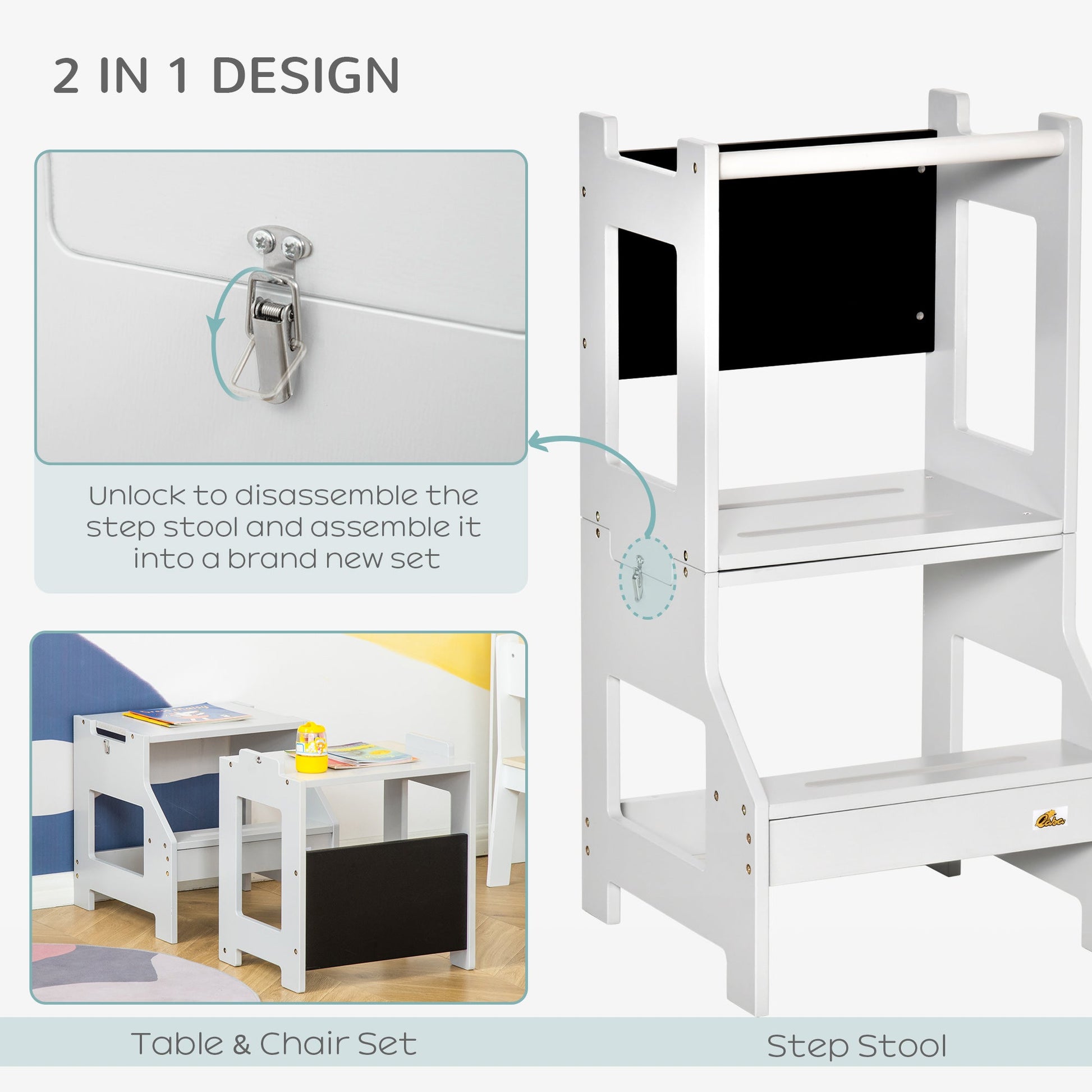 Kids Kitchen Helper Step Stool with Safety Rail & Chalkboard, 2-in-1 Table & Chair Set, Grey Toddler & Kids Step Stools   at Gallery Canada