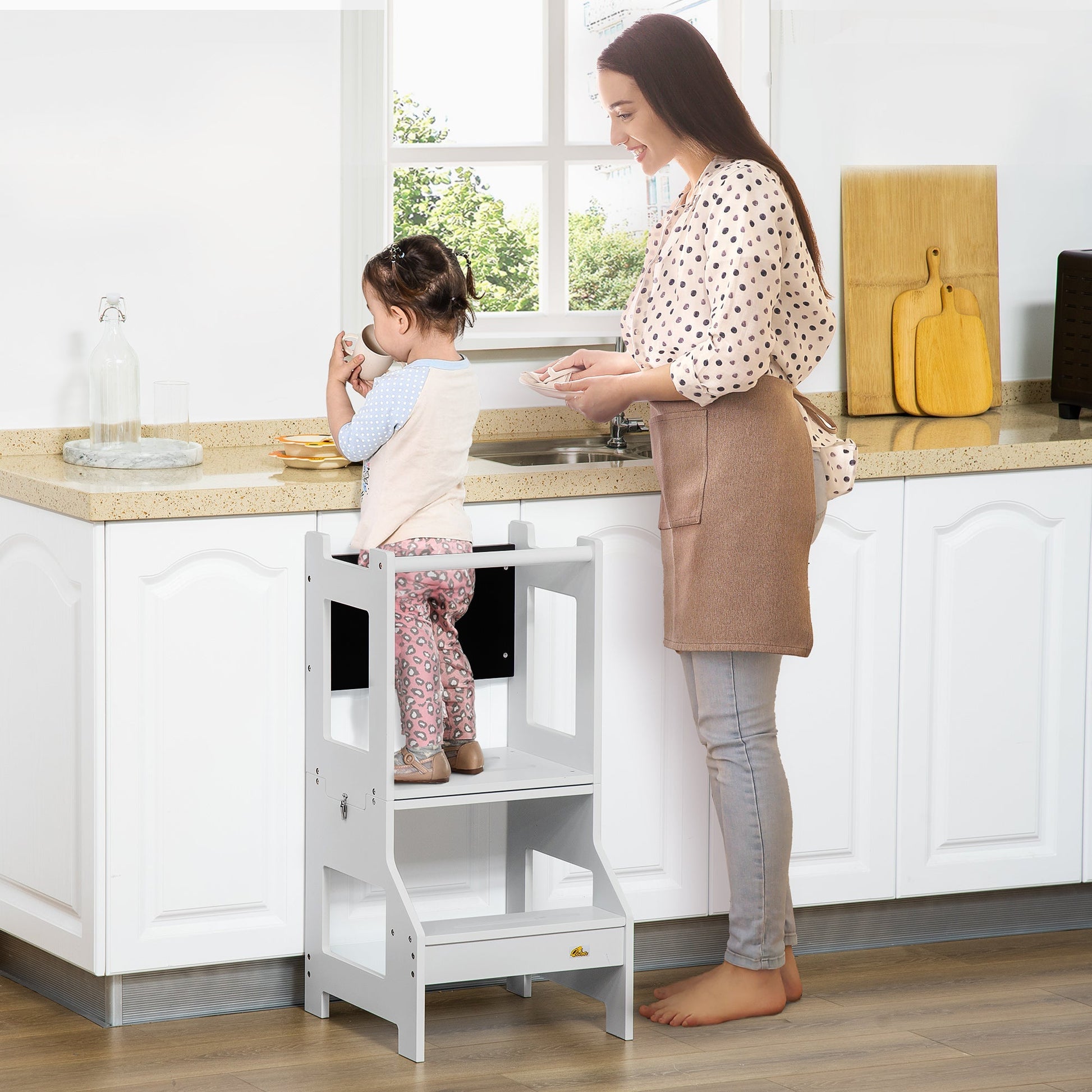 Kids Kitchen Helper Step Stool with Safety Rail & Chalkboard, 2-in-1 Table & Chair Set, Grey Toddler & Kids Step Stools   at Gallery Canada