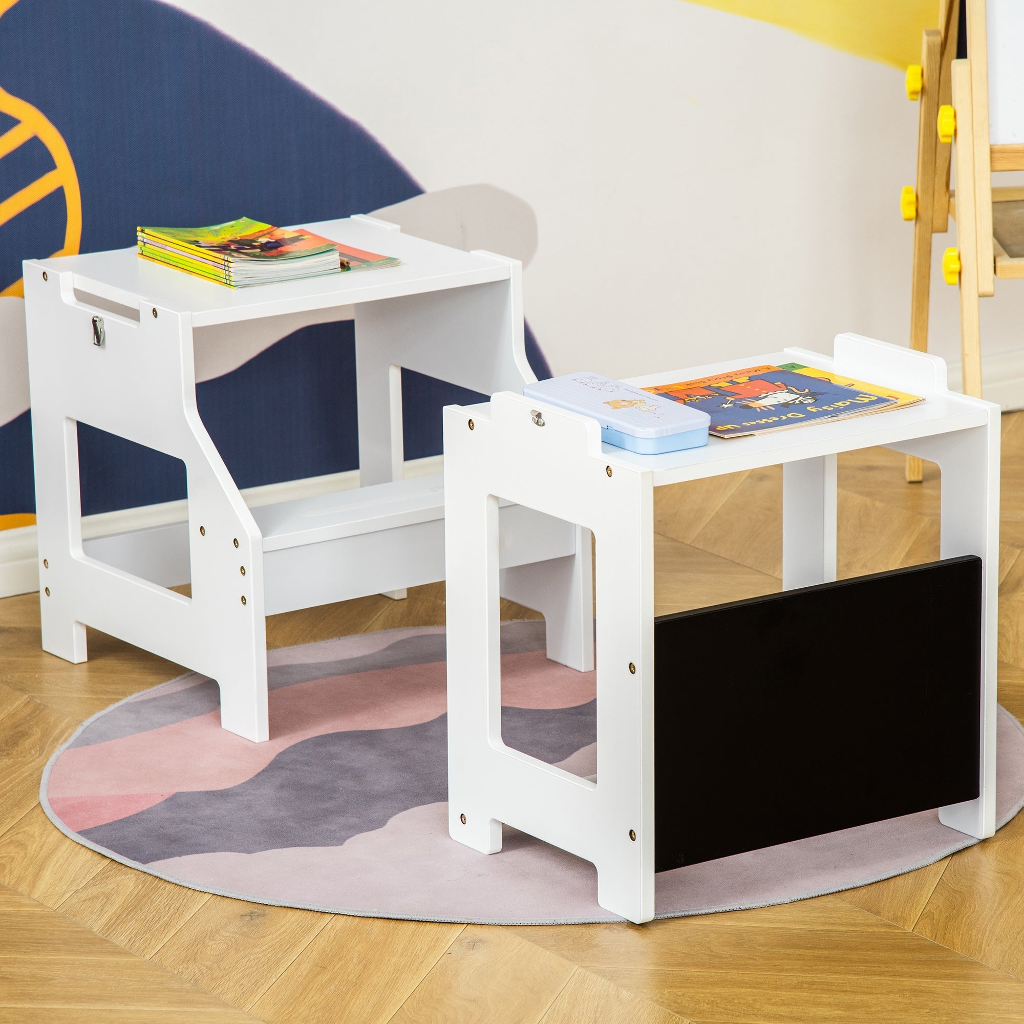 Kids Kitchen Helper Step Stool with Safety Rail, Detachable Table & Chair Set, White Toddler & Kids Step Stools   at Gallery Canada