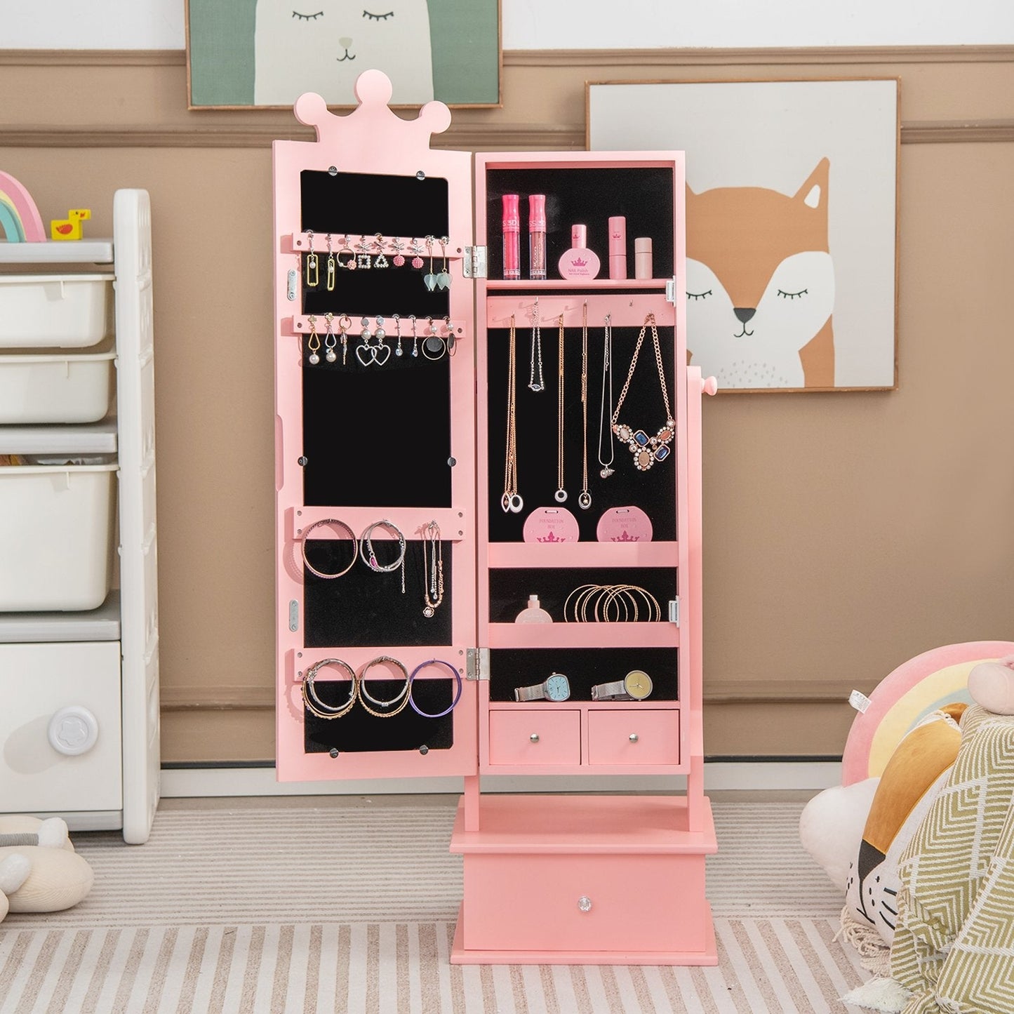 2-in-1 Kids Play Jewelry Armoire with Full Length Mirror and Drawers, Pink Kids Vanities   at Gallery Canada