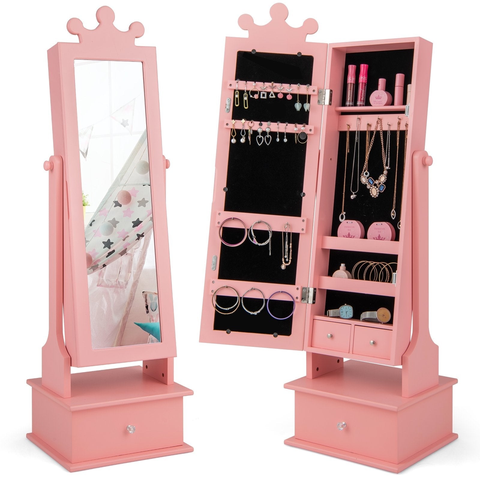 2-in-1 Kids Play Jewelry Armoire with Full Length Mirror and Drawers, Pink Kids Vanities   at Gallery Canada