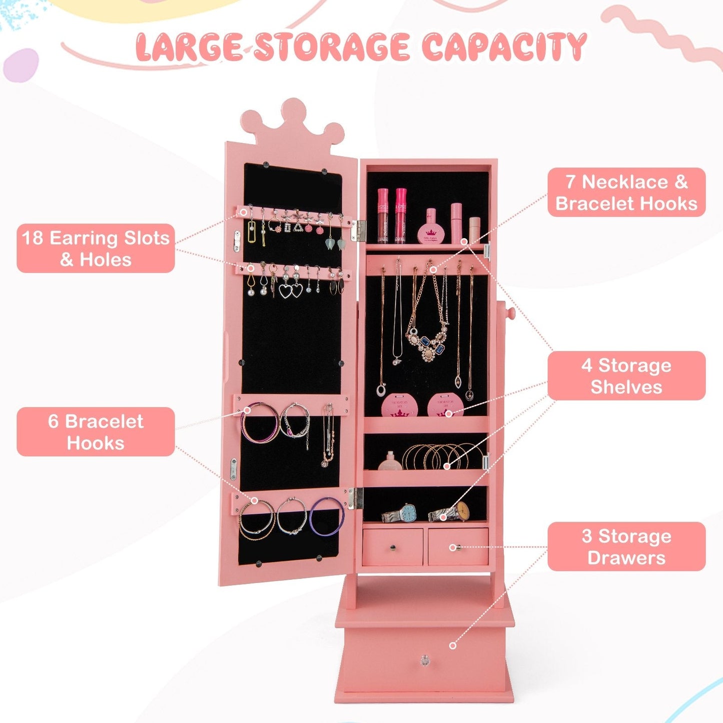 2-in-1 Kids Play Jewelry Armoire with Full Length Mirror and Drawers, Pink Kids Vanities   at Gallery Canada