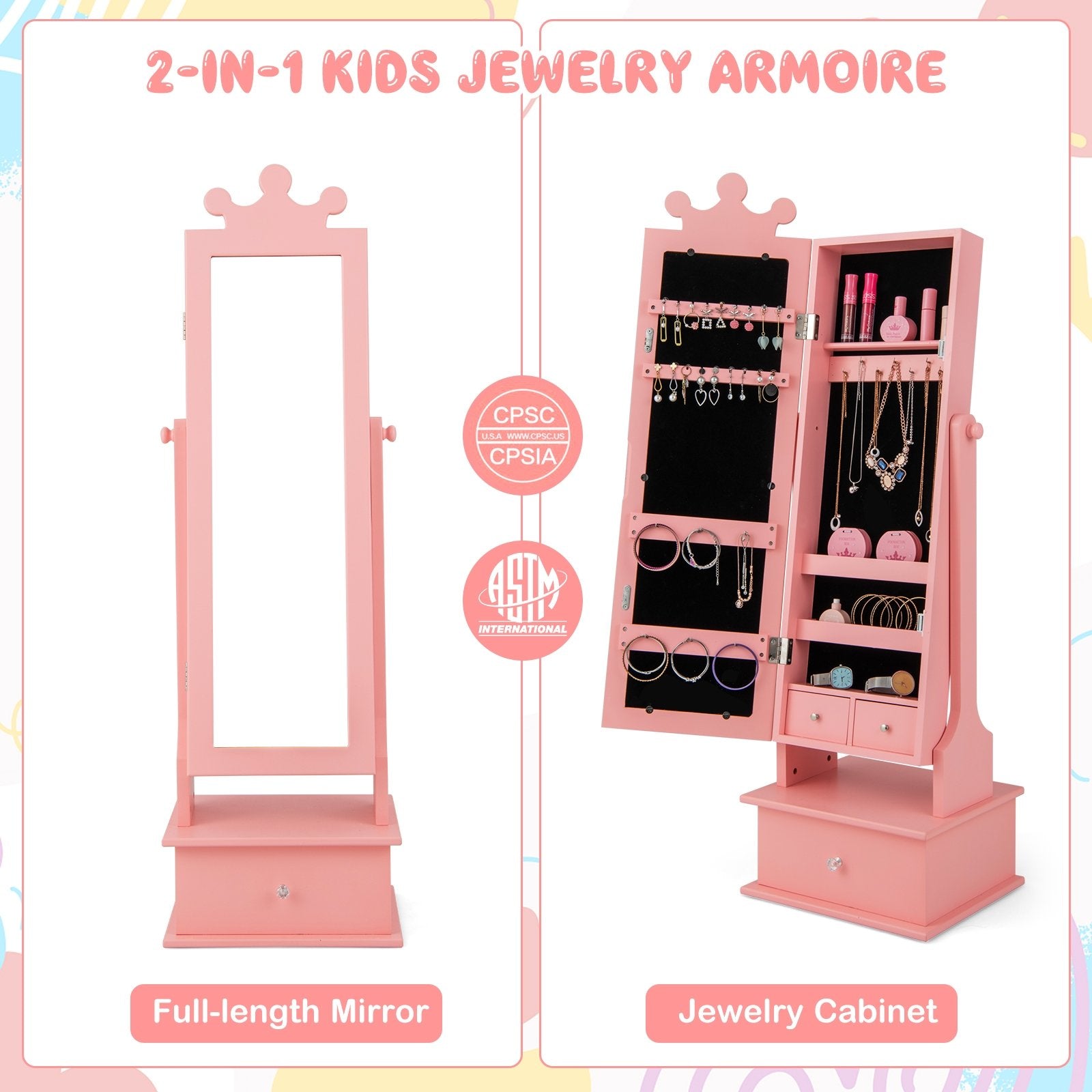 2-in-1 Kids Play Jewelry Armoire with Full Length Mirror and Drawers, Pink Kids Vanities   at Gallery Canada