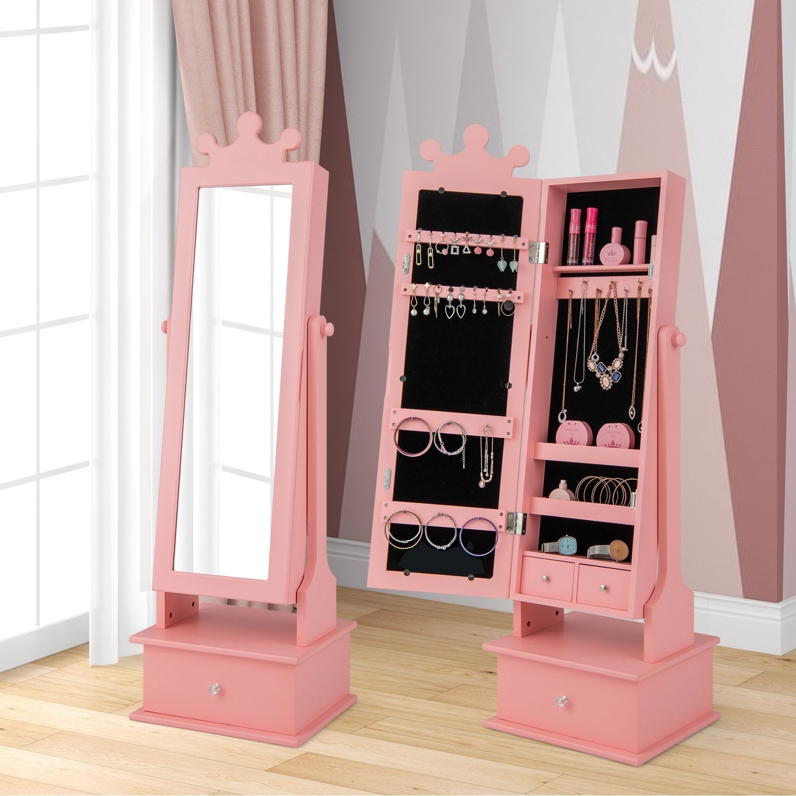 2-in-1 Kids Play Jewelry Armoire with Full Length Mirror and Drawers, Pink Kids Vanities   at Gallery Canada