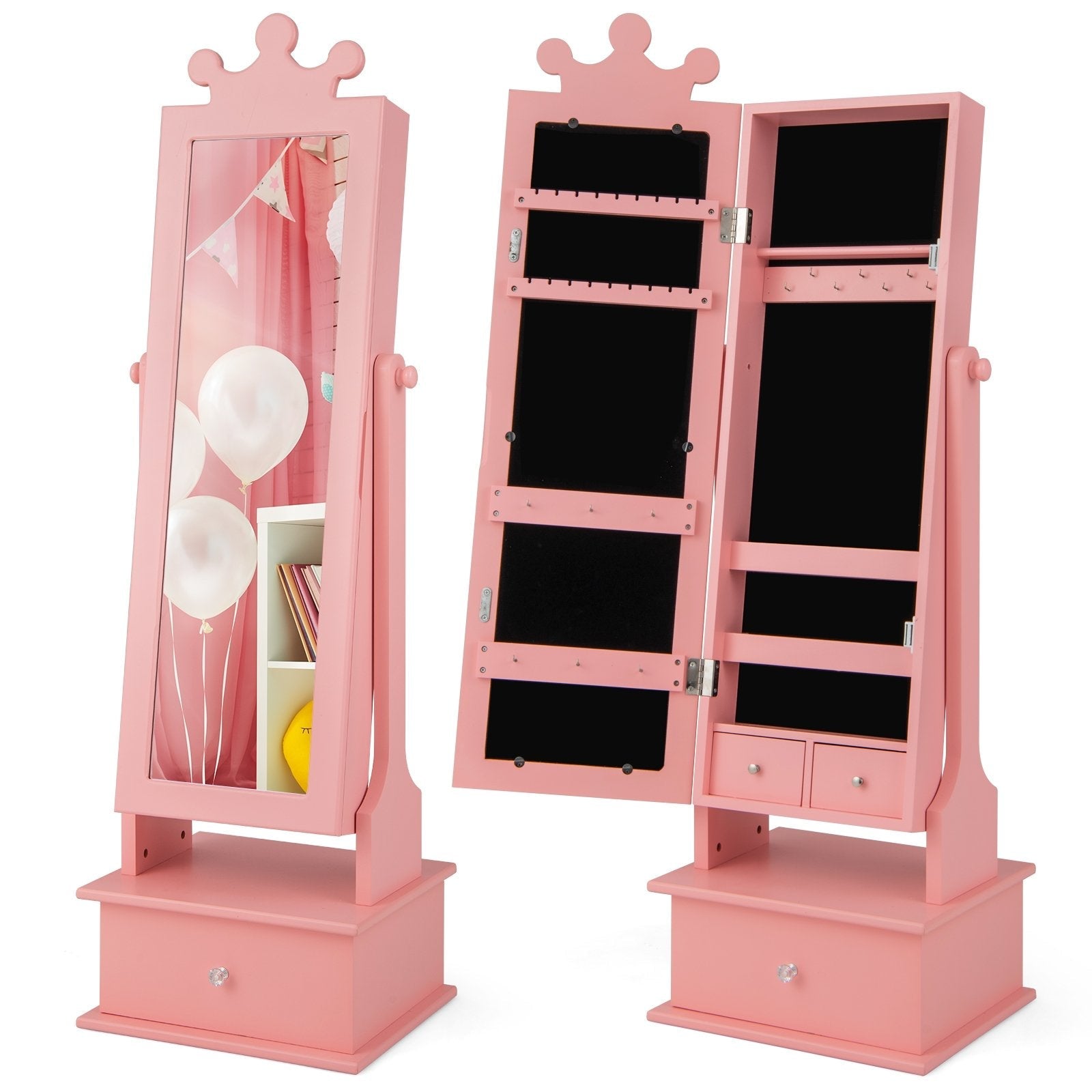 2-in-1 Kids Play Jewelry Armoire with Full Length Mirror and Drawers, Pink Kids Vanities   at Gallery Canada